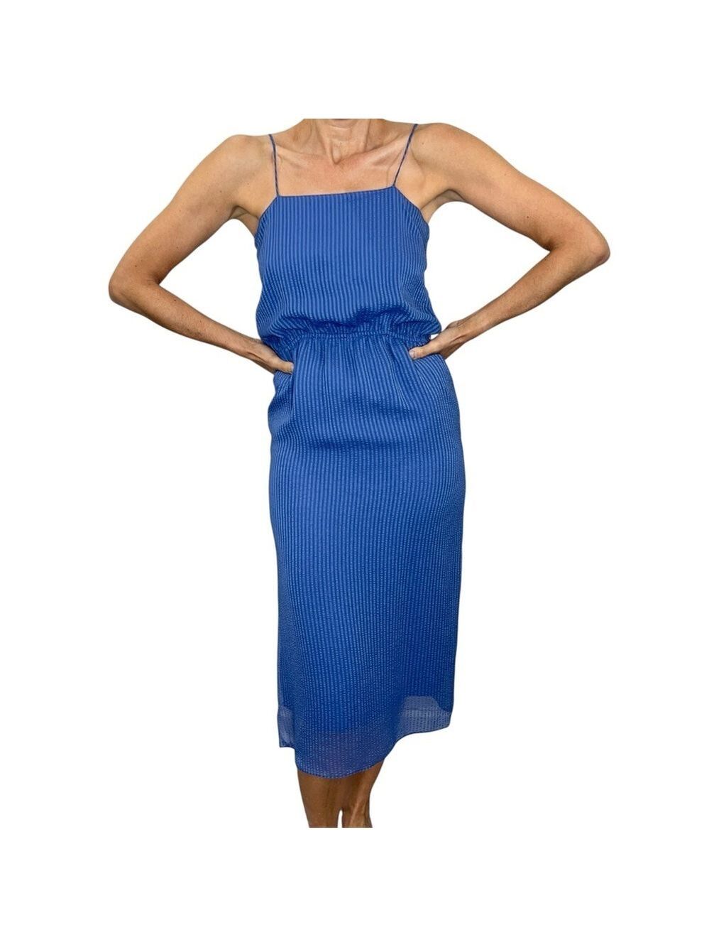 Vintage 90s minimalist blue stripe chiffon seersucker blouson midi slip dress 4
